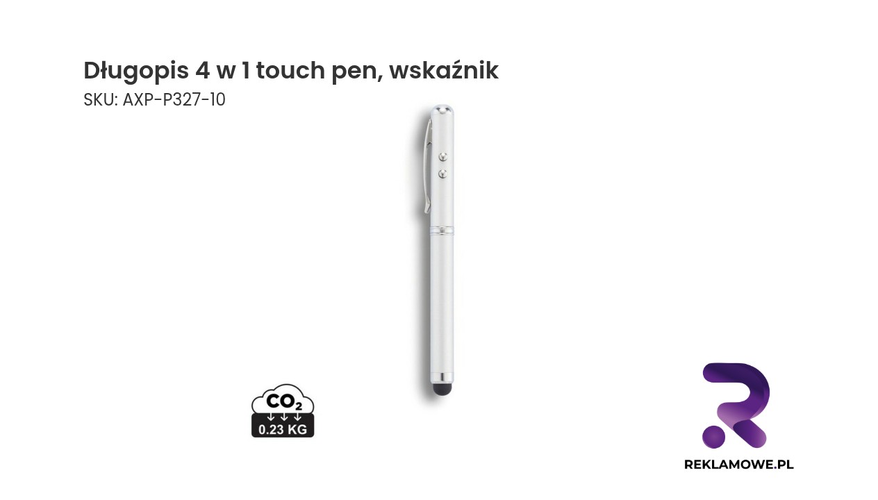 Długopis 4 w 1, touch pen, wskaźnik laserowy, latarka Długopis 4 w 1 touch pen ze wskaźnikiem – wielofunkcyjny gadżet do obsługi ekranów dotykowych